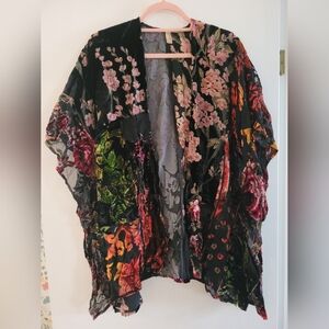 Anthropologie Black Velvet Floral Open-Front Kimono